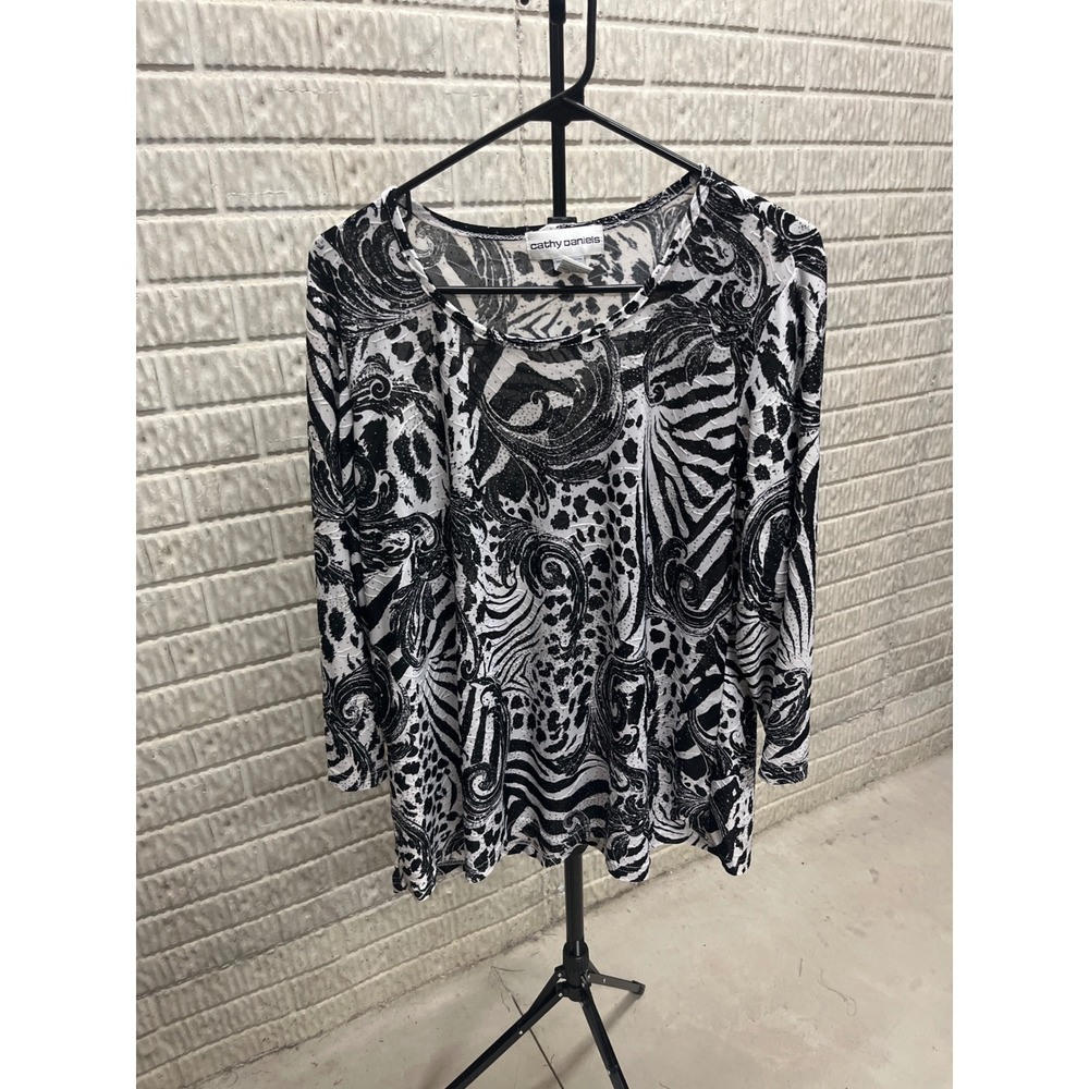 Cathy Daniels Black White Animal Print Glitter Scoop Neck Long Sleeve Top Medium
